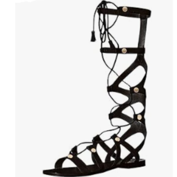 YDN Black Rivet Knee High Lace up Flats Fringe Low Heel Gladiator Strap Sandals - Picture 1 of 8